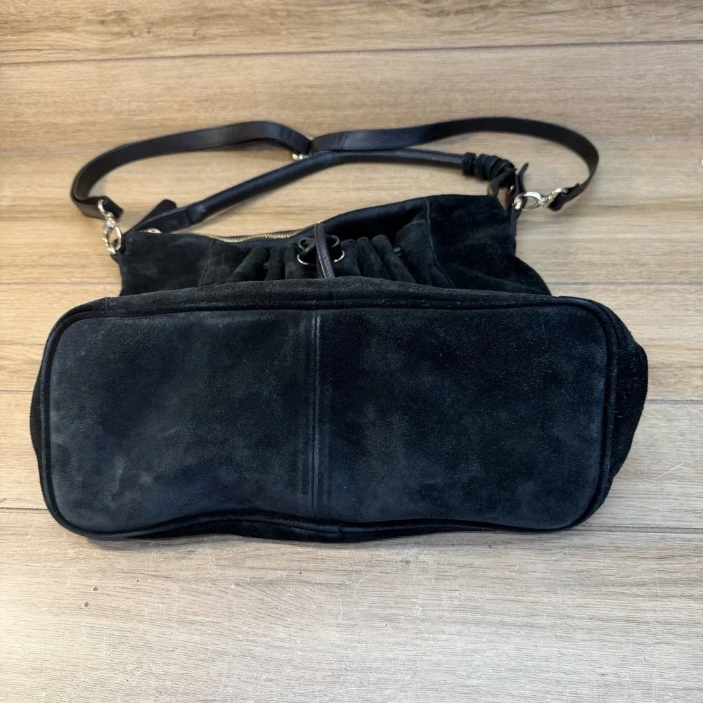 H&M Black Suede Slouchy Hobo Drawstring Shoulder Crossbody Bag Leather Boho